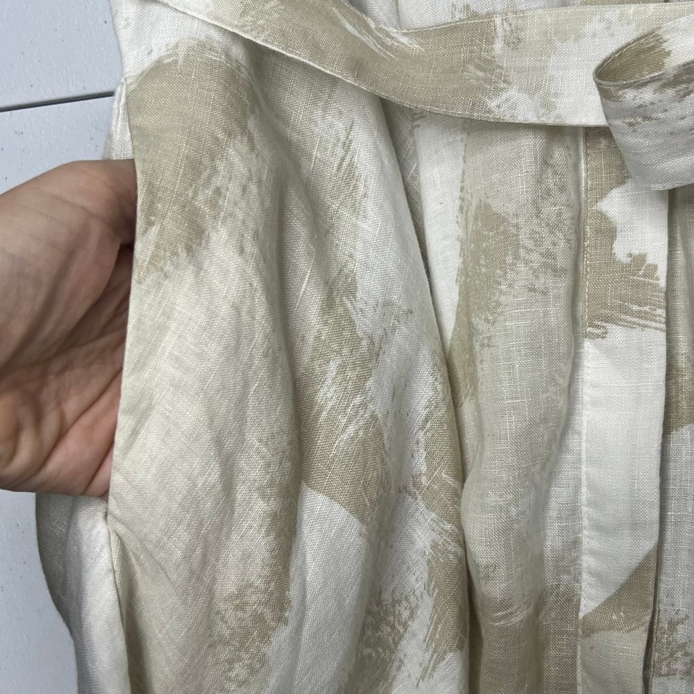 DKNY Dress Linen Tie Waist Beige White‎ Asymmetrical Hem Hidden Button Front 10 - Picture 12 of 14